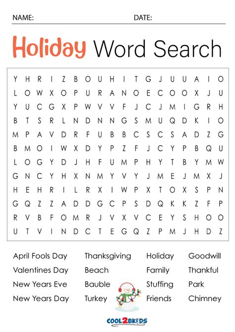 Printable Holiday Word Search Cool2bkids
