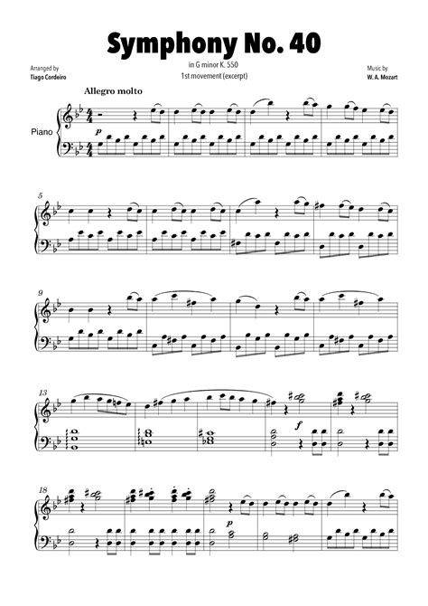 Symphony No 40 In G Minor K550 1st Movement Excerpt Sheet Music Wa Mozart Piano Solo