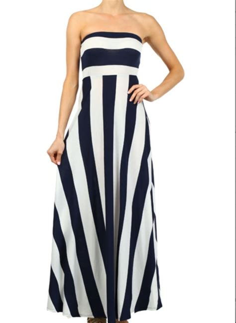 Navy And White Striped Print Maxi Dress Nautical Strapless Summer