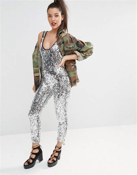 Image 1 Of Jaded London Low Back Unitard Jumpsuit In All Over Sequins