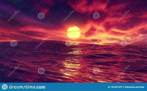 Red Beautiful Sunset Over Ocean With Red Sky And Amazing Sea With Waves Stock Illustration ...