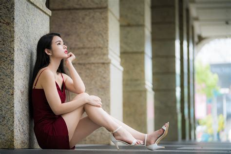 4k 5k 6k asian bokeh pose sitting dress brunette girl stilettos hd wallpaper