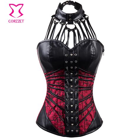 21651 black red gothic armor corset bustier leather strappy halter tops steampunk corsets