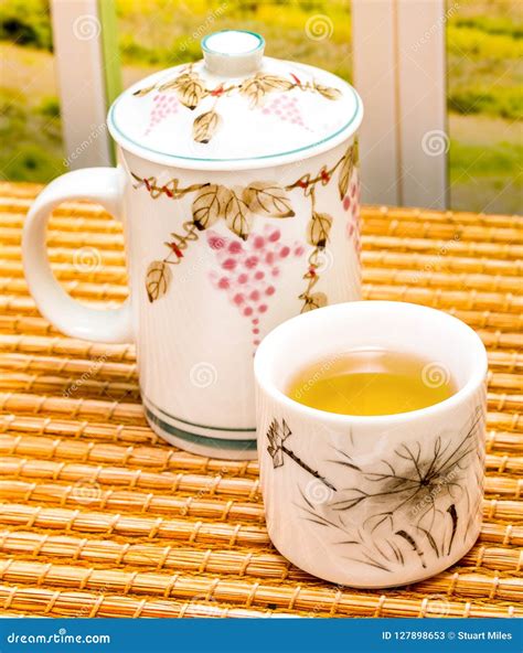 Refreshing Green Tea Represents Beverages Cups And Refreshments Stock