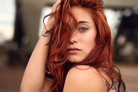 Wallpaper ID Women Tattoo Nose Rings Model Face Redhead