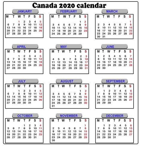 Free 2020 Canada Calendar Calendar Template Calendar Printables