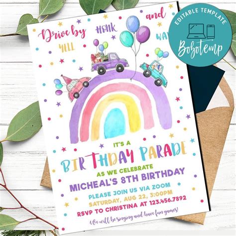 Rainbow Drive By Birthday Parade Invitation Printable Diy Bobotemp
