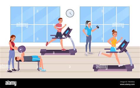 Strong Sports Cartoon Men And Women Doing Sport Running On Treadmill