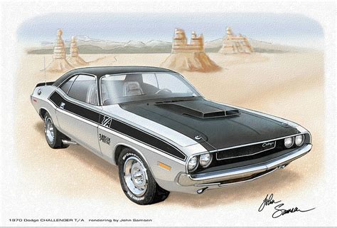 1970 Challenger T A Dodge Muscle Car Sketch Rendering Painting By John