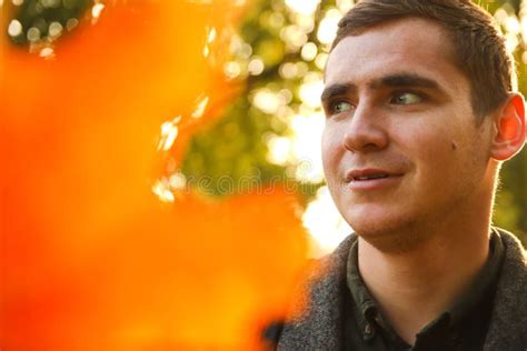 Portrait Young Man On Nature Autumn Background Serious Young Man 20s