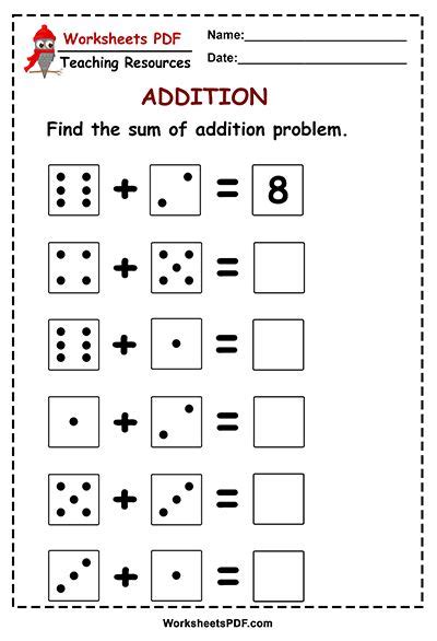 dice addition  printables  math activities preschool math