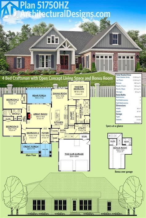 Plan 51750hz 4 Bed Craftsman With Open Concept Living Space And Bonus
