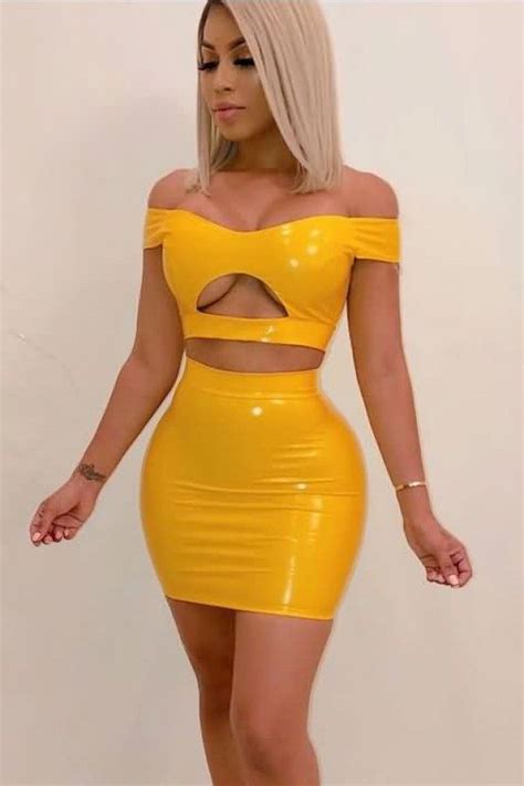 Yellow Off Shoulder Cutout Sexy Bodycon Two Piece Dress 061290 Sexy