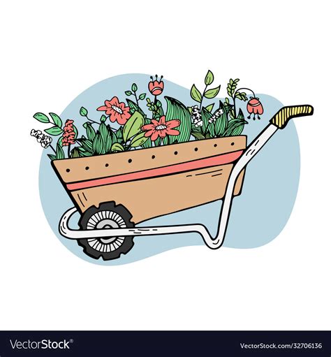A Garden Wheelbarrow With Plants And Flowers Vector Image