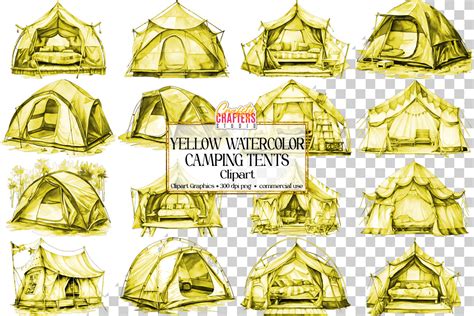 Yellow Campsite Tents Watercolor Png Set Graphic By