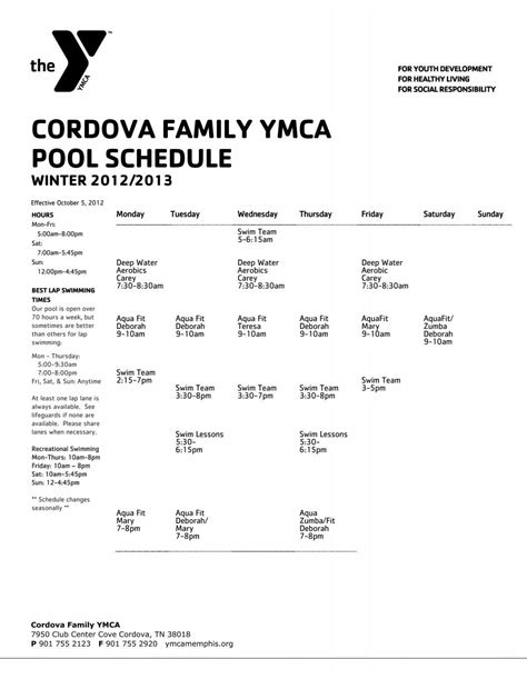 CORDOVA FAMILY YMCA POOL SCHEDULE