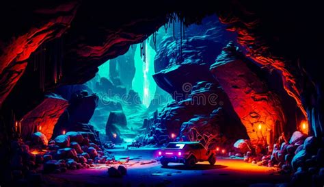 Car Driving Through Cave Filled With Lots Of Blue And Purple Lights
