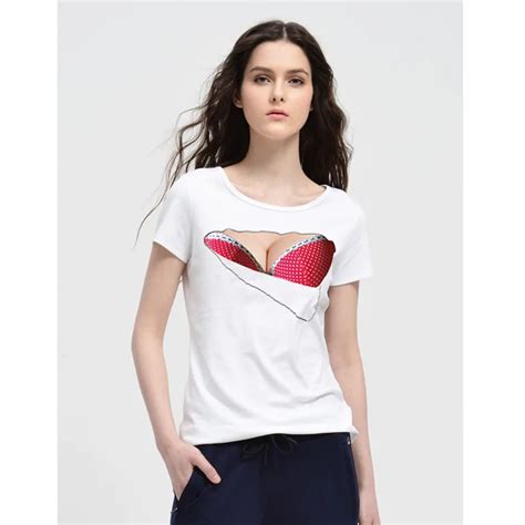 2017 new fashion t shirt women sexy 3d fake breast tee shirt women harajuku bra hollow printed t