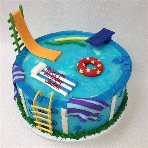 What A Fun Pool Party Cake Love The Slide Towels And Pool Noodles Pool Birthday Cakes Pool