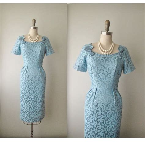Vintage 1950s Blue Lace Fitted Wiggle Dress 50s Dresses Vintage