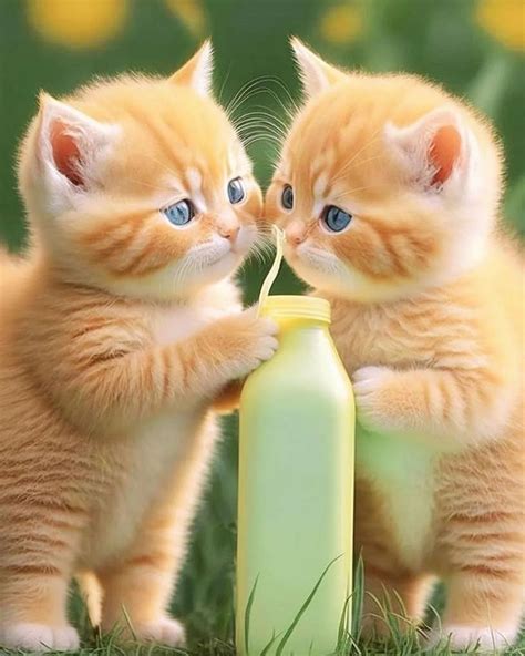 Two Orange Kittens Standing Next To Each Other Near A Green Bottle With