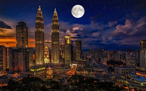 Download Wallpapers Petronas Twin Towers 4k Moon Kuala Lumpur Skyscrapers Nightscapes