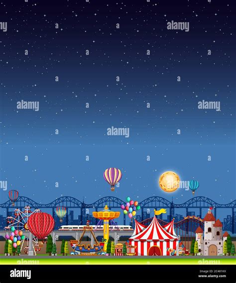 Amusement Park Scene At Night With Blank Dark Blue Sky Illustration Stock Vector Image And Art Alamy