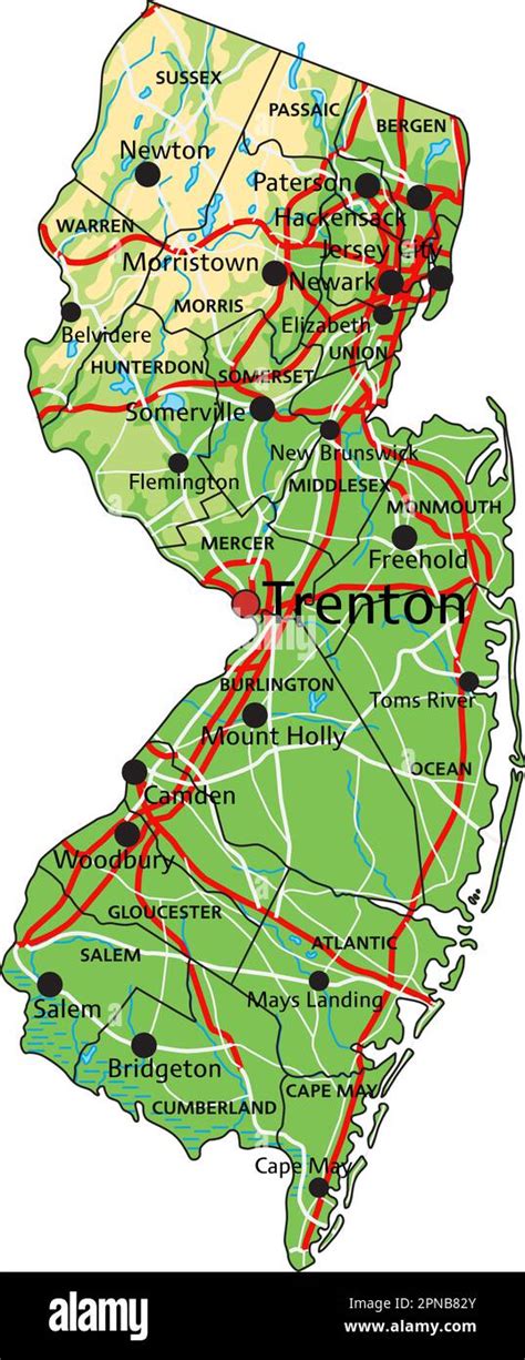 Mapa F Sico De Nueva Jersey Muy Detallado Con Etiquetado Imagen Vector