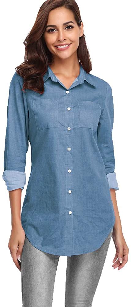 Fuinloth Womens Chambray Button Down Shirt Long Sleeve Cotton Blouse