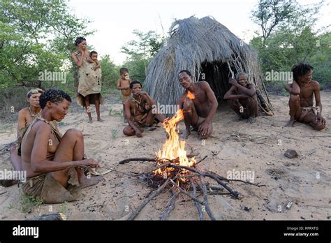 Bushmen Of The San People Singing And Dancing Traditional Dances Around The Fire In Front Of The