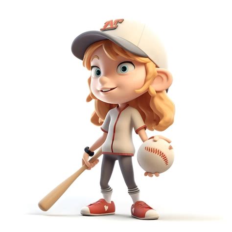 Render d de una linda niña jugadora de béisbol con bate Foto Premium