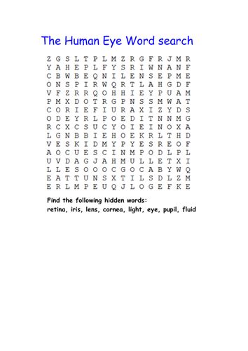 The Human Eye Wordsearch Teaching Resources