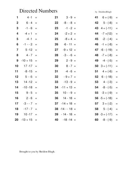 Addition Of Directed Numbers Worksheet
