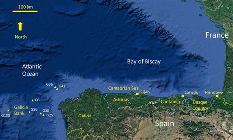 Map Of Nw Spain And Surrounding Seas Sample Localities In Yellow