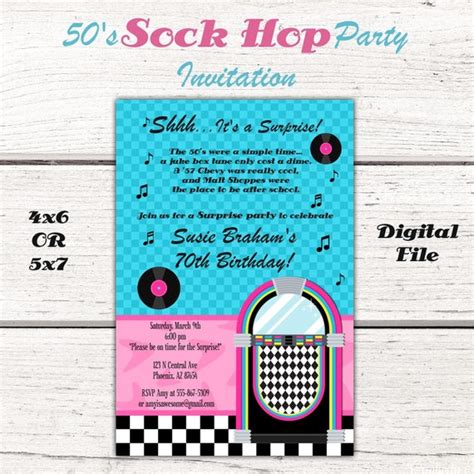 1950s Birthday Party Invitation Fifties 50s Sock Hop Diner