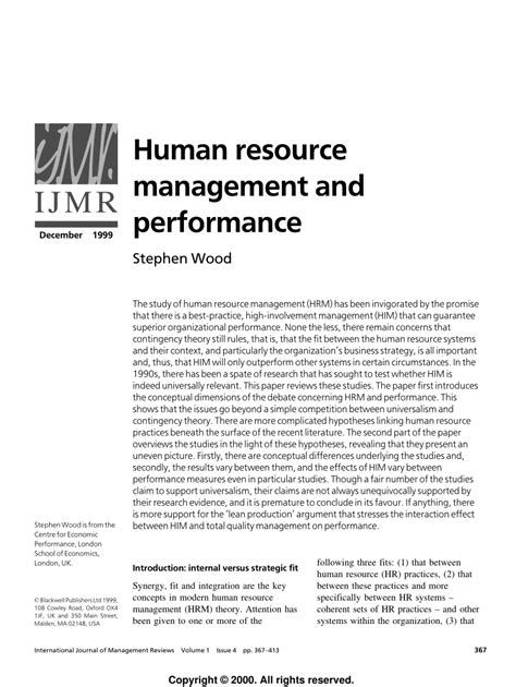 Izabela ziebacz volume 2020, article id 629828, journal of human resources management research, 12 pages. (PDF) Human Resource Management and Performance