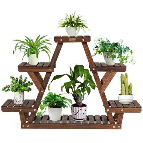 Gymax Wood Plant Stand Triangular Shelf 6 Pots Flower Shelf Storage