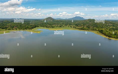 Aerial Drone Of Tropical Landscape With Lake And Valley With Tropical