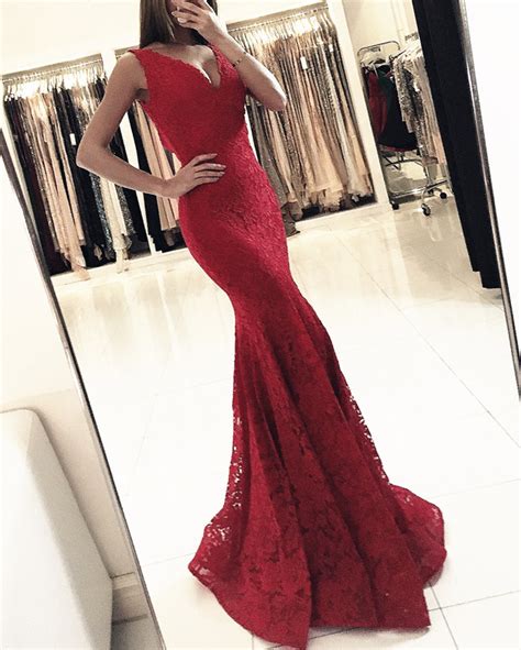 Sexy Sleeveless Red Mermaid Evening Dress Appliques Lace Long Prom