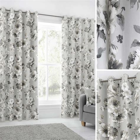 Grey Eyelet Curtains Floral Designer Ready Made Lined Ring Top Curtain