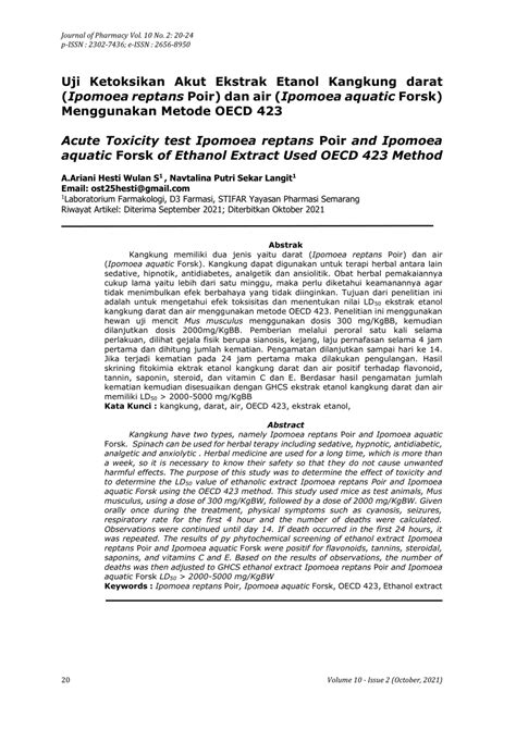 Pdf Uji Ketoksikan Akut Ekstrak Etanol Kangkung Darat Ipomoea