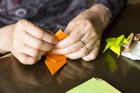 Hands Of Senior Lady Folding Origami Paper Stock Photo Image Of