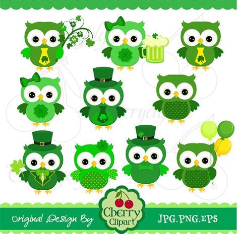 Saint Patricks Day Cute Owls Digital Clipart Set By Cherryclipart St