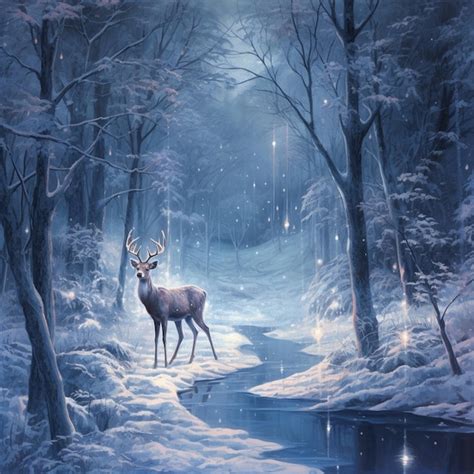 Premium Ai Image Painting Of A Deer In A Snowy Forest With A Stream