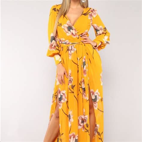 Fashion Nova Dresses Maxi Summer Dress Floral Yellow Long Sleeve