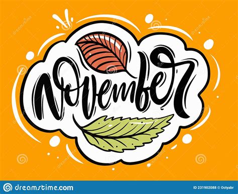 November Name Month Autumn Hand Drawn Colorful Lettering Sign Stock