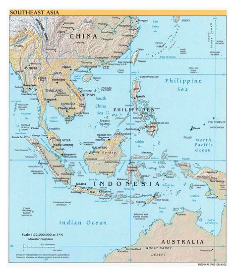 Large political map of Southeast Asia with relief, capitals and major ...