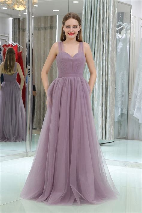 Simple A Line Sweetheart Long Lilac Tulle Ruched Prom Dress With Straps