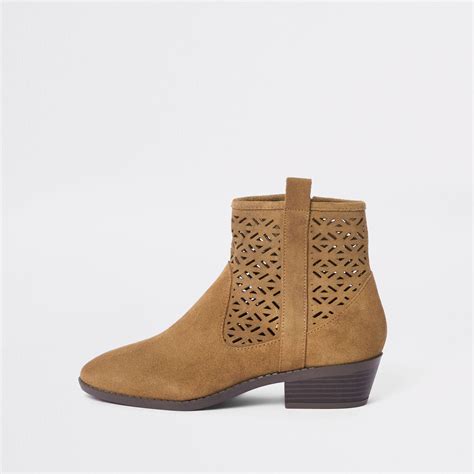 River Island Laser Cut Suede Western Ankle Boots In Tan Brown Lyst