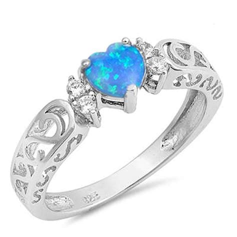 Sterling Silver Blue Synthetic Opal Cz Heart Filigree Swirl Ring Size 7